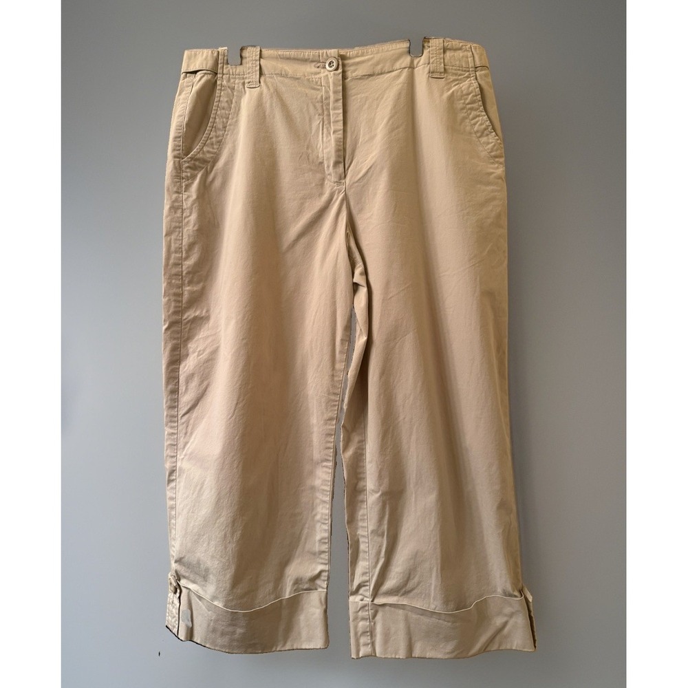 Talbots Stretch Womens Size 12 Beige Chino Capri Crop Pants Button Cuff Pocket